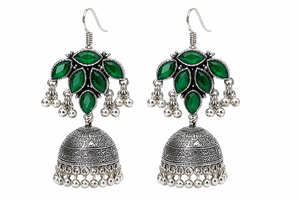 Vintage Oxidized Antique <b>Silver</b>-Plated Brass Blue Topaz Coral Green Onyx Bezel Set <b>Drop</b> Bollywood Jhumka <b>Earrings</b> High Quality - Product Image 3
