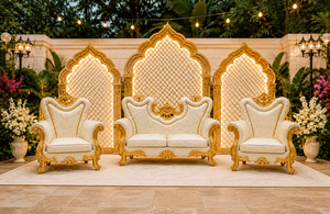 Elegante sofá de dos plazas y sillas para decoración de Walima, conjunto de sofá blanco y dorado para escenario de Mehendi, muebles para escenario de recepción para novios, Reino Unido. - Product Image 6