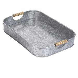 Rustic Galvanized Metal Serving <b>Trays</b> with Wood Handles Rectangular for Serving <b>Cocktails</b> Appetizers Snacks and Other Food - Product Image 1