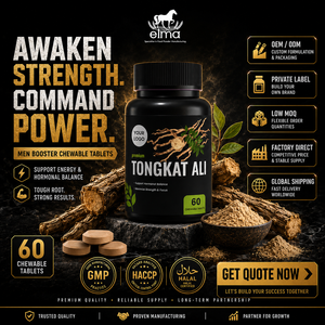Comprimés à croquer personnalisés Elma Food Tongkat Ali, 60 unités, formule naturelle pour la force et l'endurance masculine, soutien à la circulation énergétique, marque privée - Product Image 1