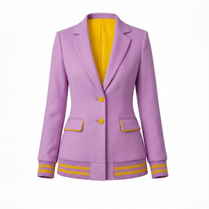 Chaqueta estilo universitaria para mujer, color lila, personalizada, con rayas doradas mostaza, dobladillo acanalado, bolsillos con ribete, estilo pastel. - Product Image 1