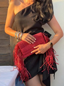 Bolso de Mano Tipo Clutch de Rafia de Papel Tejido a Crochet con Borla y Bordado, Impermeable, Duradero, Plegable, Hecho a Mano para Bodas - Product Image 2