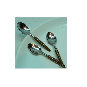 Ensemble de 3 cuillères à dessert décoratives en acier inoxydable de luxe avec perles dorées et foncées, compatibles lave-vaisselle et durables - Product Image 1
