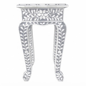 Table de chevet grise à incrustations florales, faite à la main, avec 2 tiroirs, artisanat indien haut de gamme, table d'appoint en bois pour la maison et l'hôtellerie - Product Image 5
