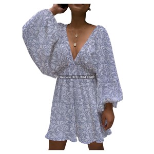 Vestido de verano 2026 para mujer, estilo mini swing skater, con cuello en V profundo, mangas farol, informal, de algodón, con estampado artesanal, lavable. - Product Image 4