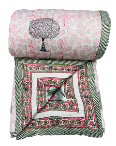 Lote al por mayor de colchas reversibles estampadas a mano con motivos florales, borde a rayas verde, rosa y gris, para uso doméstico en todas las estaciones, en stock. - Product Image 2