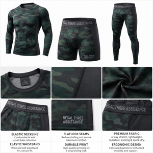 Camo Printed Three Piece Rash Guard Set Long Sleeve <b>Compression</b> <b>Shirt</b> Sports Leggings Base Layer Shorts Gym Wear Breathable - Product Image 6