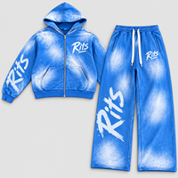 Ensemble survêtement tie-dye pour garçons Rits : sweat à capuche zippé et pantalon de survêtement imprimé lettres, style streetwear pour enfants