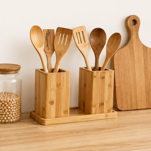Porte-ustensiles de cuisine écologique à double compartiment, support à couverts en bois, résistant à la chaleur et antiadhésif, sûr et biologique, en promotion - Product Image 4