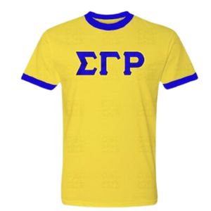 T-shirt à col rond à manches courtes pour femme, avec lettres en satin jaune et bleu Sigma Gamma Rho, pour sororité grecque, vêtements de campus personnalisés - Product Image 1