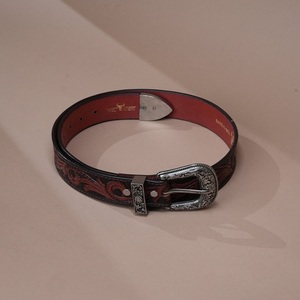 Ceinture classique en cuir véritable, sculptée et peinte à la main, style western, unisexe, avec boucle en laiton gravée de motifs floraux et passant de ceinture. - Product Image 1