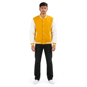 Chaqueta Varsity para Hombre en Color Amarillo con Bloques de Color, Mangas Blancas, Cuello Alto, Cierre de Botones, Estilo Deportivo Casual - Product Image 2