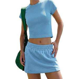 2 Piece Casual Activewear Set Crop Top <b>Elastic</b> Waist Shirt Skorts <b>Skirt</b> 100% Cotton Breathable 2026 - Product Image 1