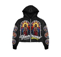 Veste à capuche zippée courte et ample pour homme, en coton épais, avec broderie personnalisée à points inversés, patchwork color-block, style streetwear