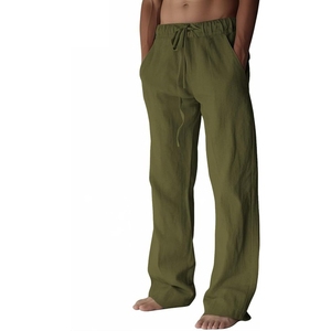 Pantalon large en lin vert olive pour homme, taille élastique avec cordon de serrage, décontracté, été, avec poches latérales, léger et respirant - Product Image 1