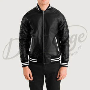 Blouson bomber en cuir véritable noir pour homme avec manches matelassées en nid d'abeille et poignets côtelés rayés, coupe ajustée - Product Image 6