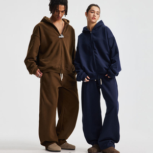 ชุดวอร์มผ้าฝ้ายสีเทาแบบ unisex เสื้อฮู้ดมีซิป กางเกงขายาว มีกระเป๋าข้าง ทรงหลวม สวมใส่สบาย เหมาะสำหรับฤดูใบไม้ร่วง - Product Image 3