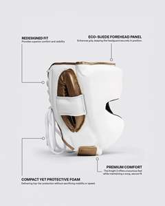 Fly Boxing Full Face Head Guard White Gold Leather Lace Up Closure Protective Gear <b>for</b> Adults Unisex Universal Style - Product Image 4