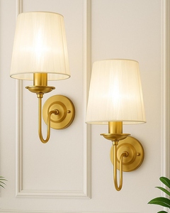 Modern gold <b>wall</b> <b>sconce</b> fabric shade bedside <b>wall</b> lamp luxury brass <b>wall</b> <b>light</b> indoor decorative lighting hotel style - Product Image 3