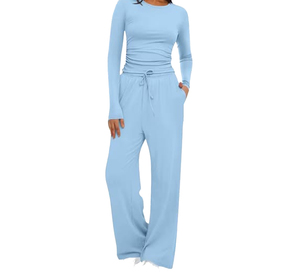 Women Solid Color Full Length <b>Jumpsuit</b> Crew Neck Long Sleeve Drawstring Waist Casual Style Lightweight Spandex Cotton Wholesale - Product Image 3