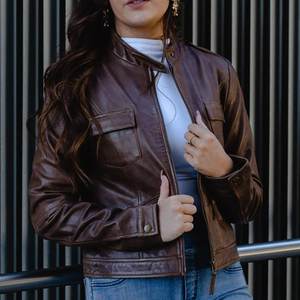 Nuevas chaquetas de mujer con cremallera marrón y logotipo personalizado RTS, chaqueta vintage para invierno, abrigos de cuero elegantes, estilo bomber, ropa urbana. - Product Image 1