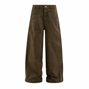 JMS-INDUSTRIES Jean vintage marron taille haute pour homme, coupe ample et large, coupe courte, avec fermeture boutonnée et poches obliques - Product Image 1
