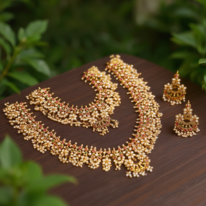 Guttapusalu Haram Bridal Set-Luxury Alloy Gold Plated Moissanite & Imitation Pearl Designer Wedding Jewelry - Product Image 3