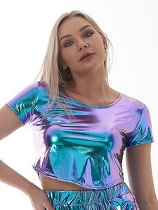 Women Girls Shiny Glitter <b>Metallic</b> T Shirt Tank <b>Tops</b> O-Neck Short Sleeve Holographic <b>Crop</b> <b>Top</b> Shirt Rave Festival Clubwear - Product Image 1