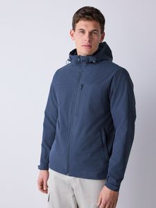 Men's Blue <b>Hooded</b> <b>Fleece</b> <b>Jacket</b> Windproof Zipper Closure Casual Autumn Wear Regular Fit Solid Color Polyester Material - Product Image 1