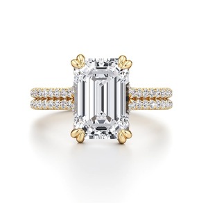 1.15CT <b>Emerald</b> Cut Lab Grown Diamond Engagement <b>Ring</b> 9K Yellow Gold Double Row Pave <b>Band</b> IGI Certified Bridal Jewelry - Product Image 1