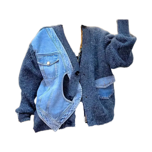 Meilleur cardigan tricoté en denim épissé pour femmes pull ample décontracté polyvalent veste femme tendance 2024 automne nouveaux articles veste - Product Image 6
