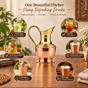 Carafe classique en cuivre pur, artisanale, lisse, pour boissons ayurvédiques, vaisselle de santé, décoration de table à manger, récipient décoratif - Product Image 4