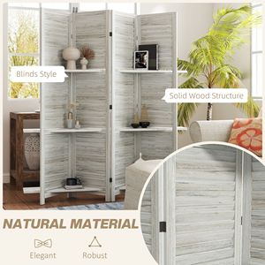 4-Panel 67\" Tall Distressed White Wood Privacy <b>Screen</b> Room Divider 3 Shelves <b>Folding</b> Storage for Bedroom Traditional Design - Product Image 6