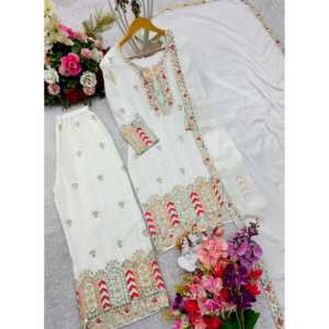 Hermoso Conjunto Elegante de Top Blanco y Palazzo con Dupatta para Mujer, Talla L, 900g, Ideal para Fiestas - Product Image 4