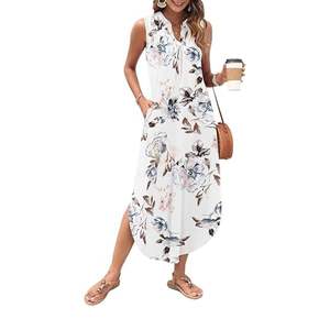 Vestido Largo Casual de Verano sin Mangas con Estampado Floral Negro, Bolsillos Laterales, Tela Elástica, Ropa de Mujer - Product Image 6