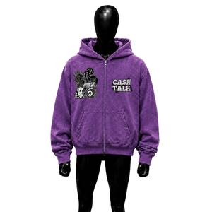 Sudadera con capucha de forro polar para hombre, de peso pesado, estilo urbano, con cremallera, color morado, corte relajado, diseño estampado, ajuste regular A - Product Image 1