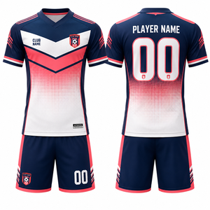 Conjunto de Uniforme de Fútbol Sublimado Personalizado MEGAMAPLE, Azul Marino, Rosa y Blanco, Cuello en V, Manga Corta, para Adultos, Poliéster que Absorbe la Humedad, Ropa Deportiva para Equipos - Product Image 1