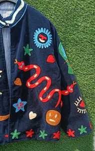 <b>Women</b> <b>Navy</b> Velvet <b>Jacket</b> With Colorful Snake Cactus Eye And Star Embroidery Front Closure Long Sleeves <b>For</b> Statement Wear - Product Image 2
