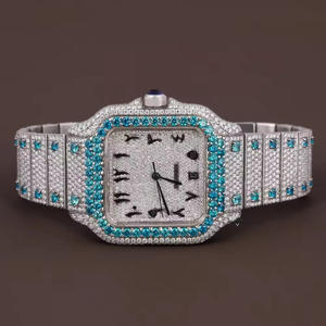 Montre chronographe de luxe personnalisée entièrement sertie de diamants bleus et blancs en acier inoxydable pour homme, mouvement à quartz VVS Moissanite S - Product Image 1