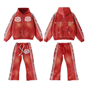 Chándal de hombre personalizado con efecto desgastado por el sol, con pedrería, sudadera con capucha extragrande y pantalón acampanado, con serigrafía, estilo casual urbano - Product Image 1