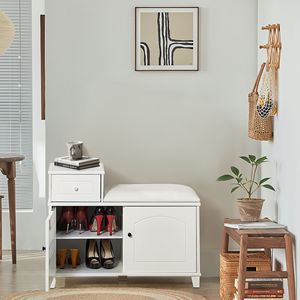 Legno bianco scarpa panca armadio con cuscino in PU ignifugo doppie porte e cassetto mobile per ingresso porta - Product Image 5