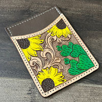 Cartera de cuero de vaca con diseño de girasol a la moda, tarjetero de estilo occidental, cuero mecanizado a mano, RFID, monedero delgado para tarjetas de crédito para Unisex