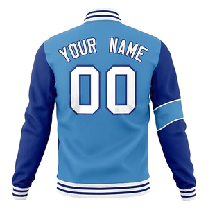 Personalized Lightweight Blue Baseball <b>Letter</b> Jacket <b>Light</b> Blue Bomber Coat with Stitched Text Logo & Stand Collar Breathable - Product Image 1