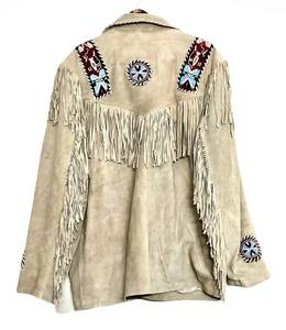 Real Leather Beige <b>Suede</b> Raw Fringe Windproof <b>Jacket</b> Hand Embroidered Solid Western Style Full Sleeve Winter Wear - Product Image 2