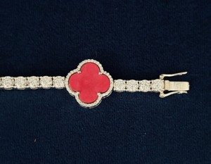 Pulsera de tenis de lujo de plata de ley 925 con trébol rosa y piedras de moissanita de corte brillante redondo, estilo hip hop, unisex - Product Image 6