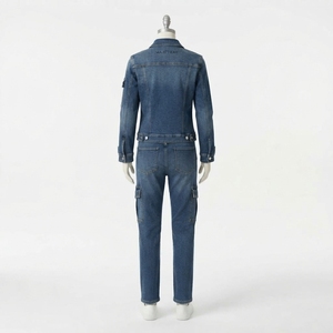 <b>Women</b> Dark Blue Denim <b>Jacket</b> And <b>Cargo</b> Jeans Set Utility Two Piece Matching Denim Outfit Casual Streetwear Fashion - Product Image 4