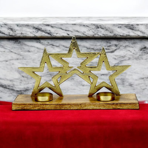 Bougeoir à bougies chauffe-plat en forme d'étoile dorée décoratif moderne Base en bois Support de bougie en forme d'étoile en laiton pour la décoration de la maison de table festive - Product Image 3