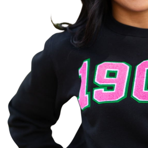 Custom <b>Black</b> Women's Embroidered Sweatshirt with 1908 Pink and Green Lettering Crew Neck <b>Long</b> Sleeve Casual Fashion <b>Top</b> - Product Image 3