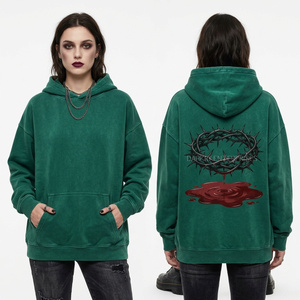 Sweat-shirt surdimensionné personnalisé vert émeraude, effet vieilli, style streetwear, avec motif Couronne d'épines et sang, lavage vintage - Product Image 1