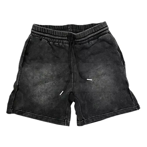 Shorts en coton noir pour homme, taille mi-haute, cordon de serrage, style décontracté, effet délavé, avec poches - Product Image 1